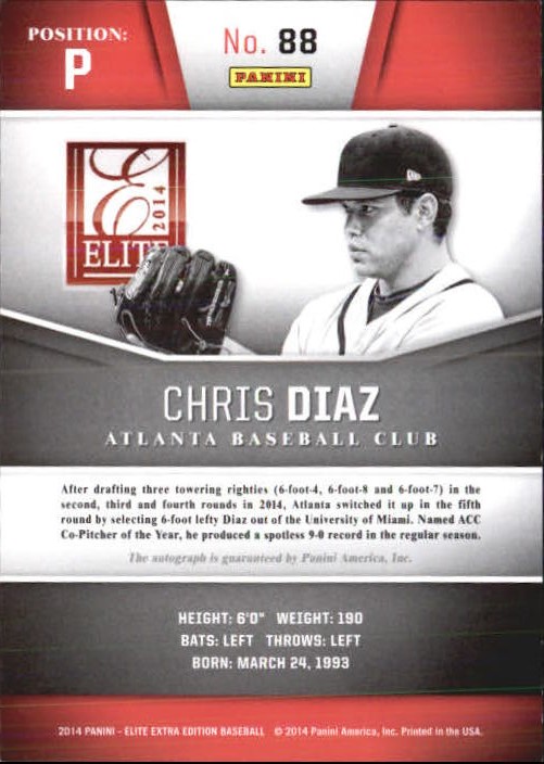 2014 Elite Extra Edition Prospects Signatures #88 Chris Diaz/699 back image