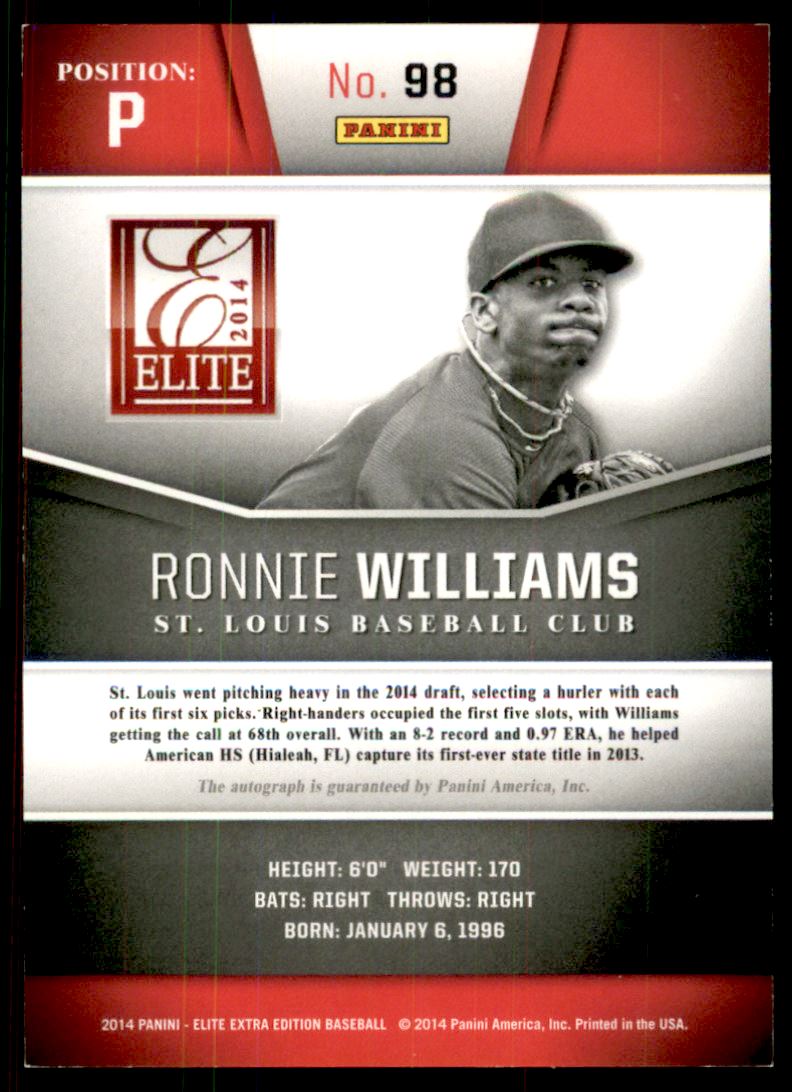 2014 Elite Extra Edition Prospects Signatures #98 Ronnie Williams/499 back image