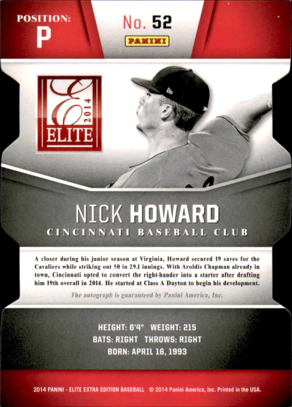 2014 Elite Extra Edition Prospects Signatures Inspirations #52 Nick Howard back image