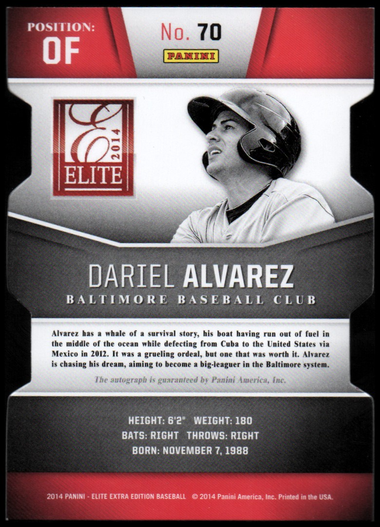 2014 Elite Extra Edition Prospects Signatures Status Purple #70 Dariel Alvarez back image