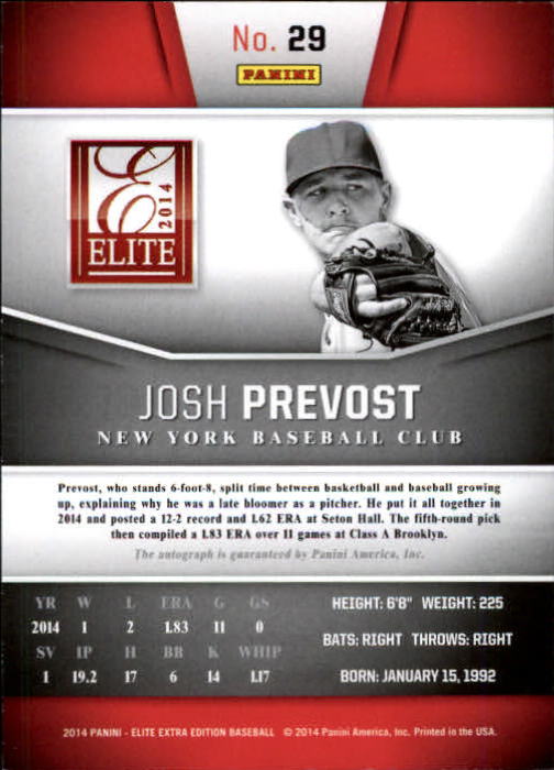 2014 Elite Extra Edition Franchise Futures Signatures #29 Josh Prevost/699 back image