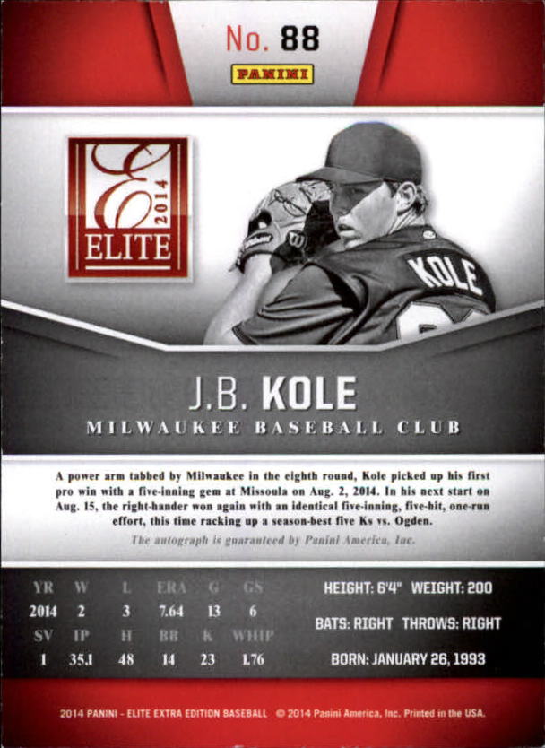 2014 Elite Extra Edition Franchise Futures Signatures #88 J.B. Kole/799 back image