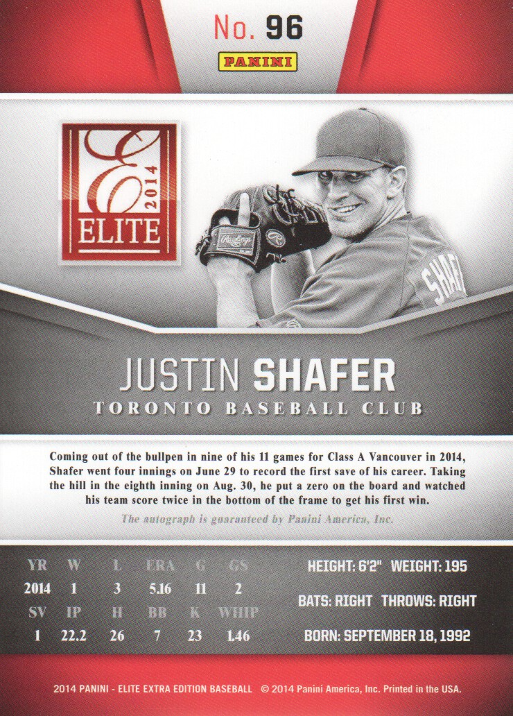2014 Elite Extra Edition Franchise Futures Signatures #96 Justin Shafer/799 back image