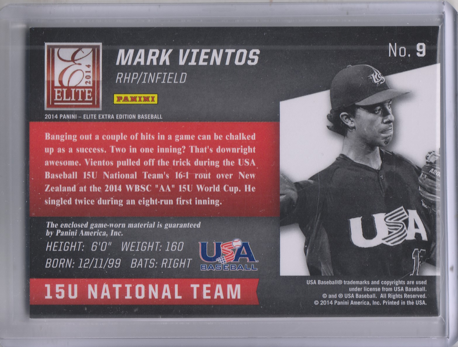 2014 Elite Extra Edition USA Baseball 15U Game Jerseys #9 Mark Vientos back image