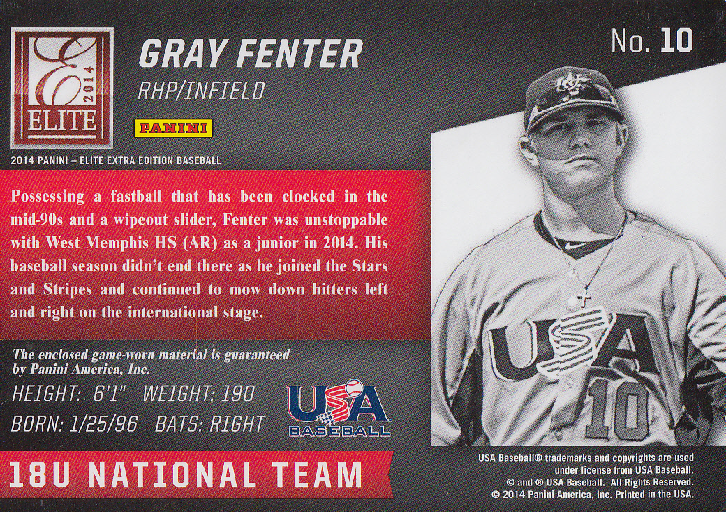 2014 Elite Extra Edition USA Baseball 18U Game Jerseys #10 Gray Fenter back image