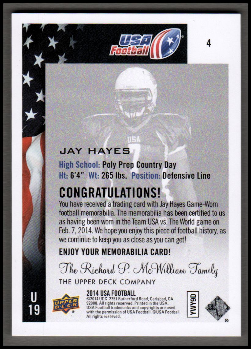 2014 Upper Deck USA Football Future Swatch Patch #4 Jay Hayes back image