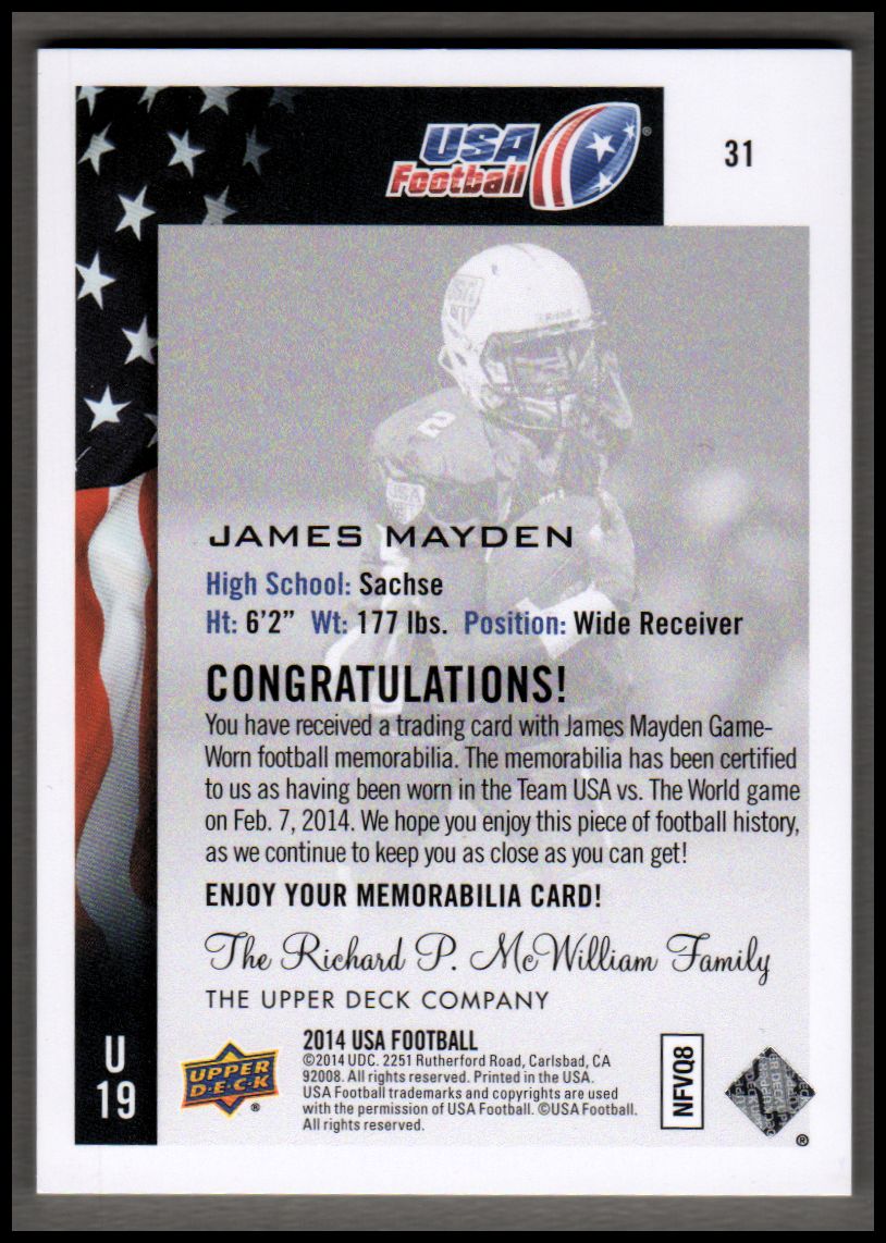 2014 Upper Deck USA Football Future Swatch Patch #31 James Mayden back image