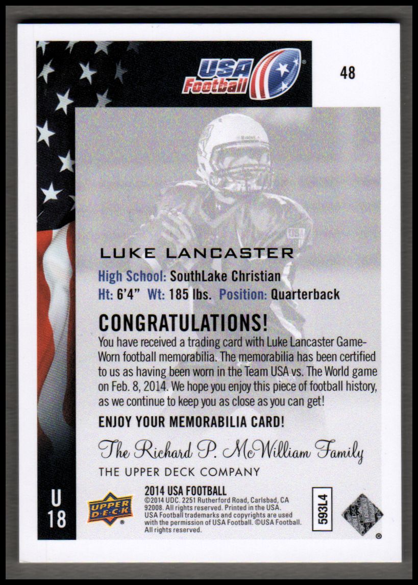 2014 Upper Deck USA Football Future Swatch Patch #48 Luke Lancaster back image