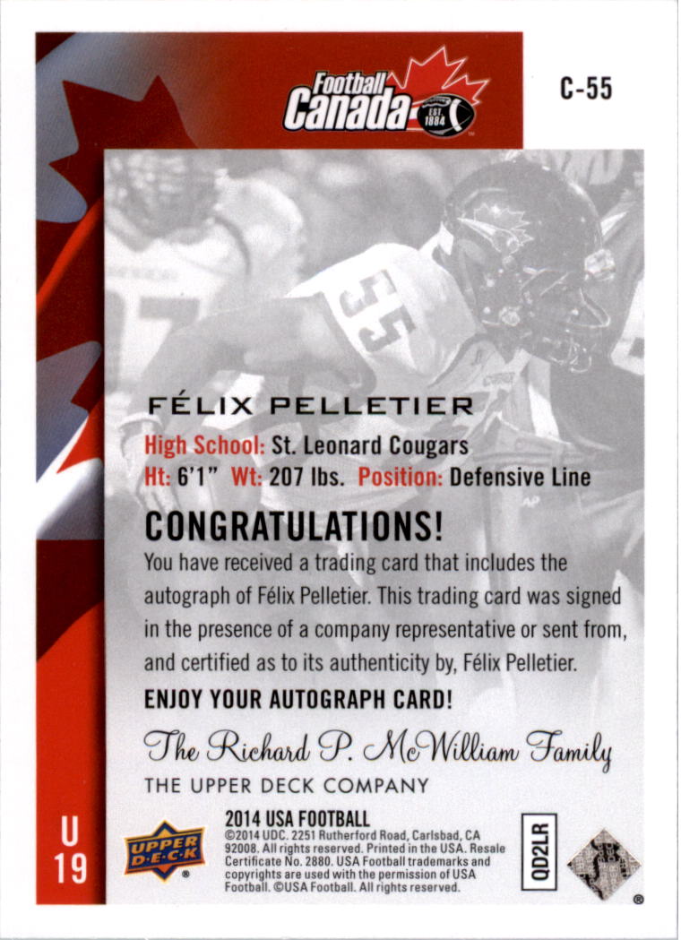 2014 Upper Deck USA Football Team Canada Autographs #C55 Felix Pelletier back image