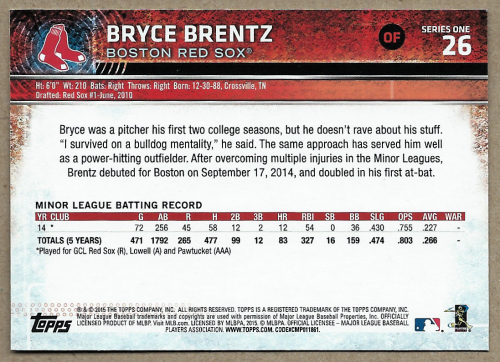 2015 Topps #26 Bryce Brentz RC back image