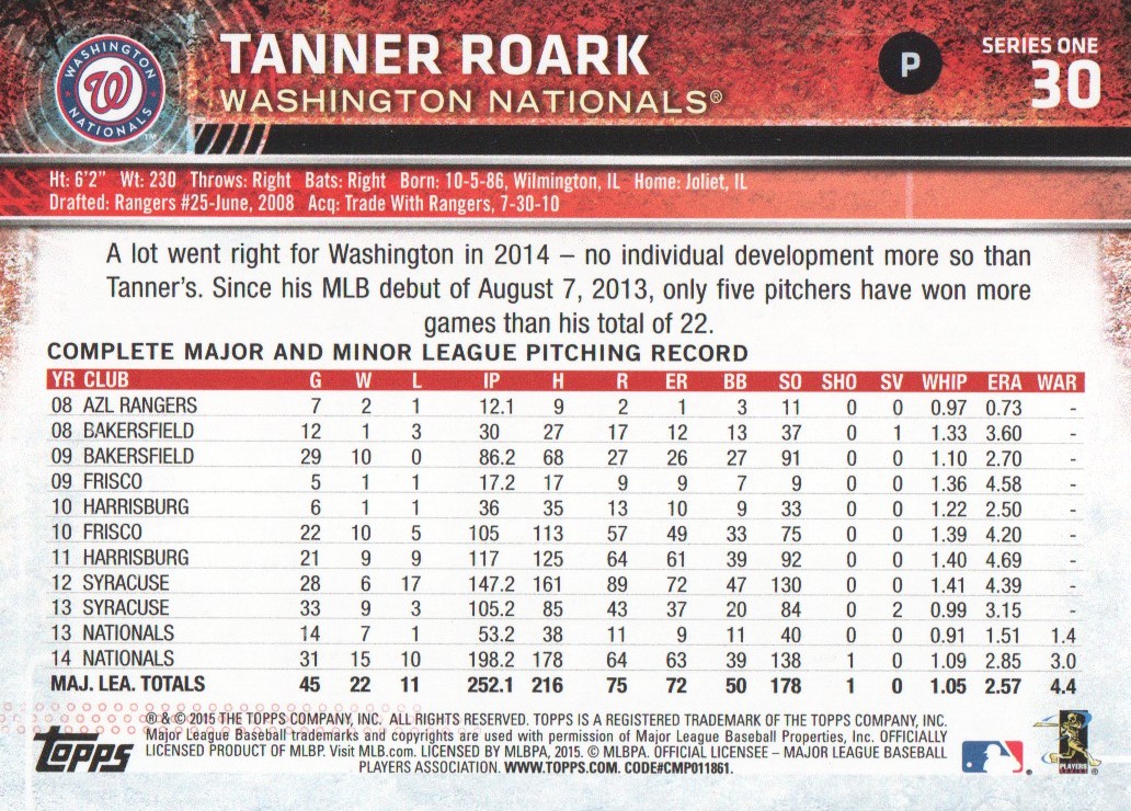 2015 Topps #30 Tanner Roark FS back image