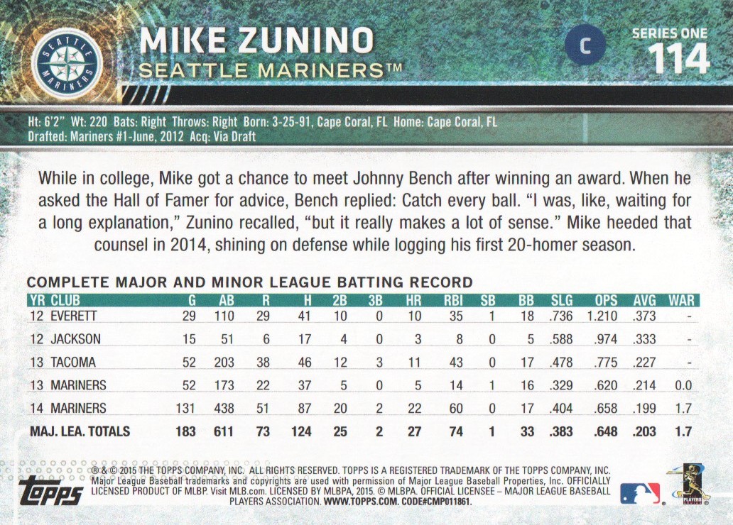 2015 Topps #114 Mike Zunino back image