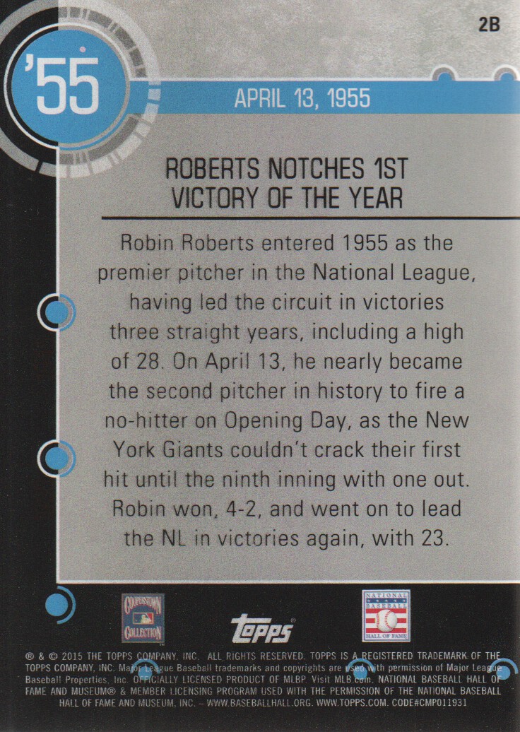 2015 Topps Baseball History #2B Robin Roberts back image