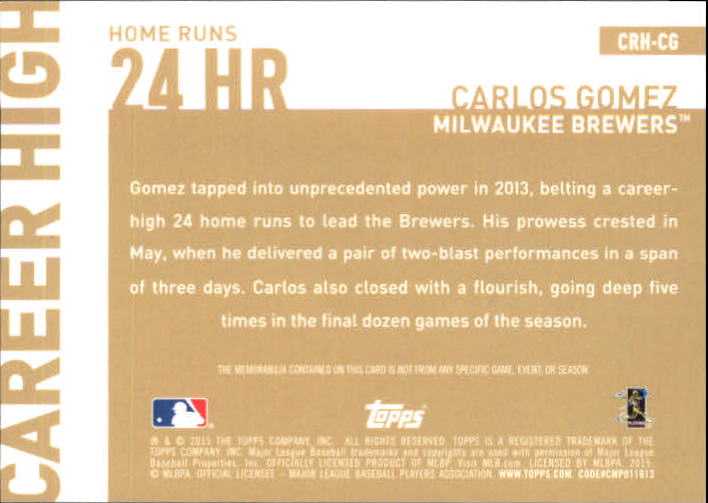 2015 Topps Career High Relics #CRHCG Carlos Gomez back image