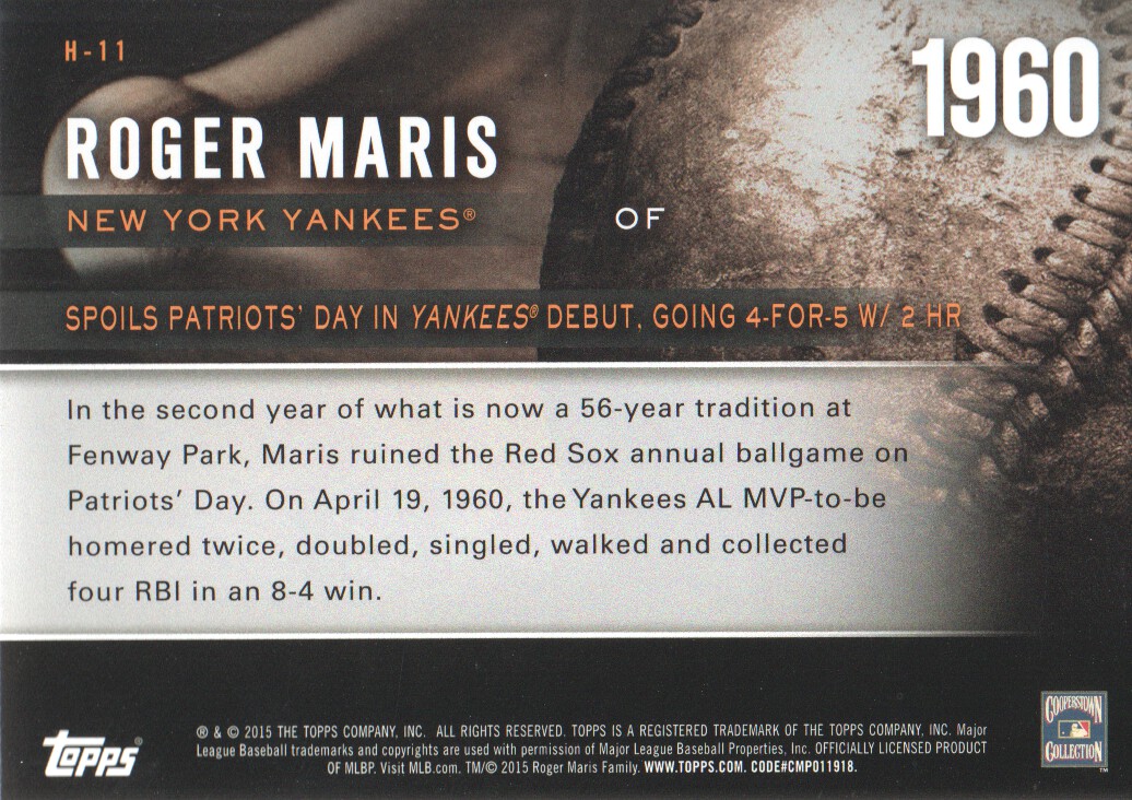 2015 Topps Highlight of the Year #H11 Roger Maris back image