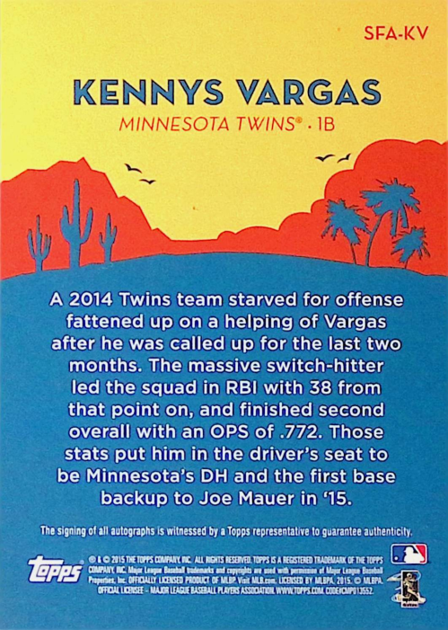 2015 Topps Spring Fever Autographs #SFAKV Kennys Vargas/199 back image