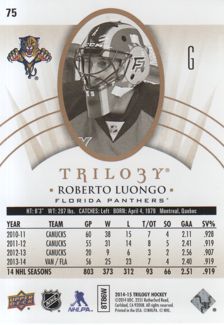 2014-15 Upper Deck Trilogy #75 Roberto Luongo back image