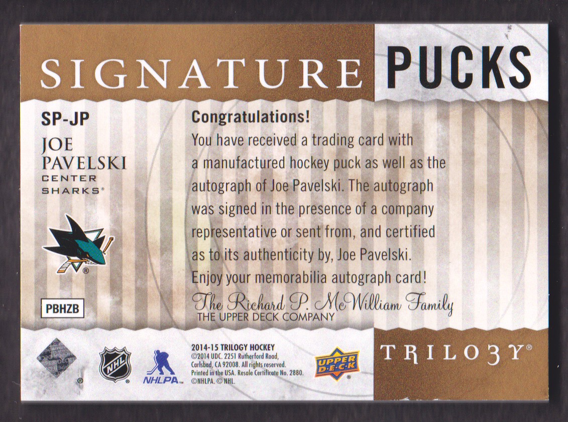 2014-15 Upper Deck Trilogy Signature Pucks Retro Logo #SPJP Joe Pavelski back image