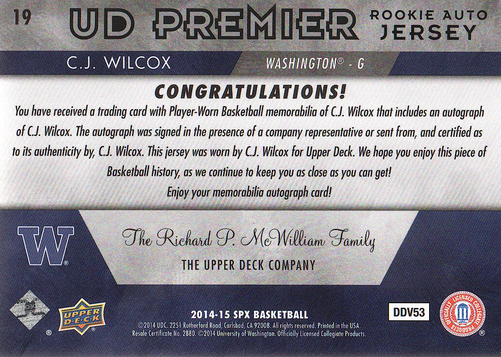2014-15 SPx UD Premier Jersey Autographs #19 C.J. Wilcox/80 back image