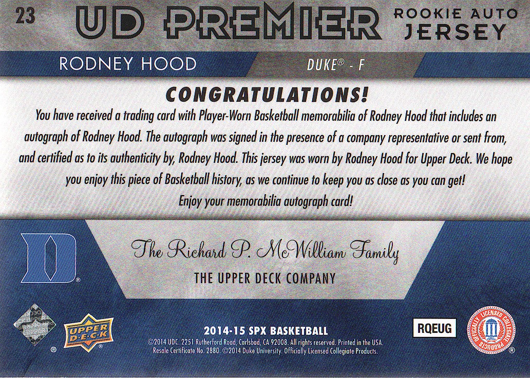 2014-15 SPx UD Premier Jersey Autographs #23 Rodney Hood/80 back image
