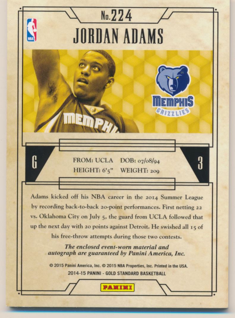 2014-15 Panini Gold Standard #224 Jordan Adams JSY AU/199 RC