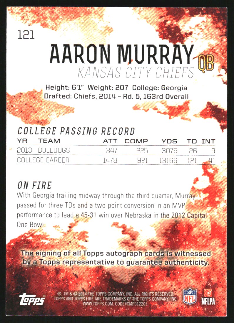 2014 Topps Fire Rookie Autographs Green #121 Aaron Murray back image
