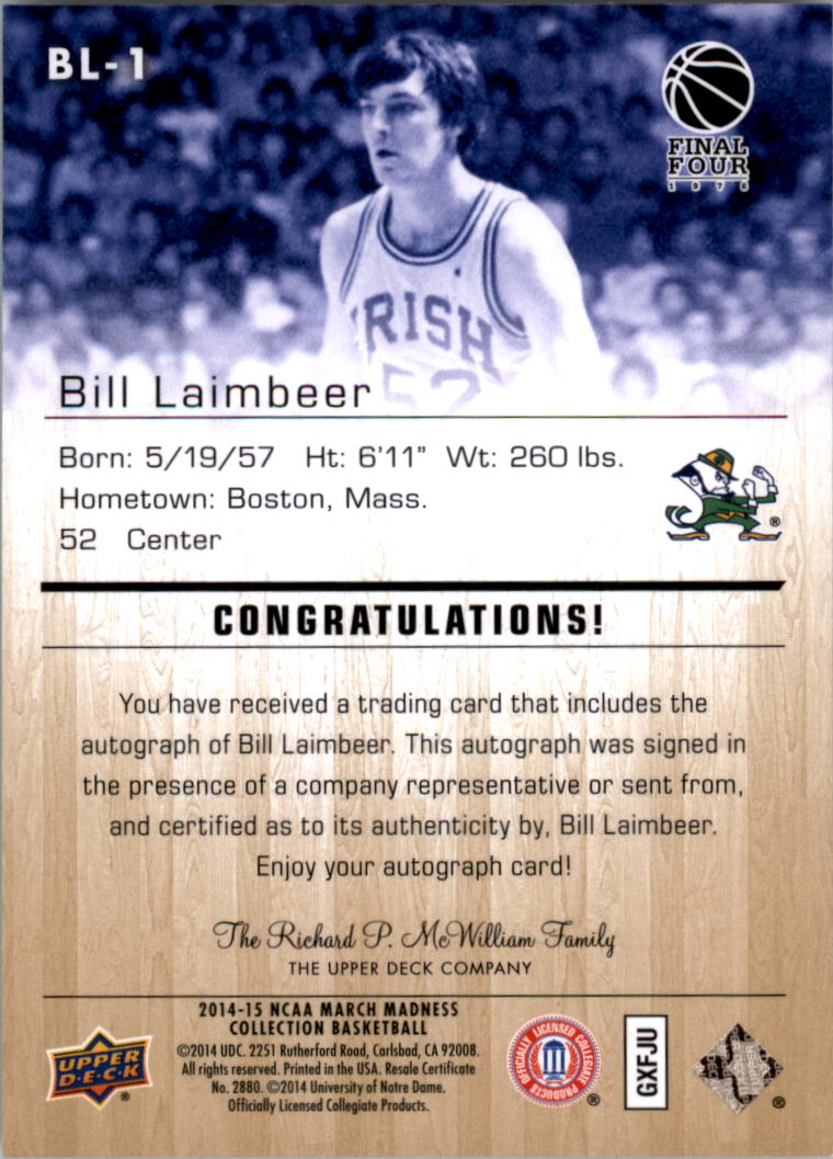2014-15 Upper Deck March Madness Collection Gold Foil Autographs #BL1 Bill Laimbeer F back image