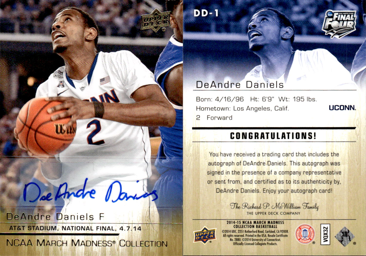 2014-15 Upper Deck March Madness Collection Gold Foil Autographs #DD1 DeAndre Daniels G
