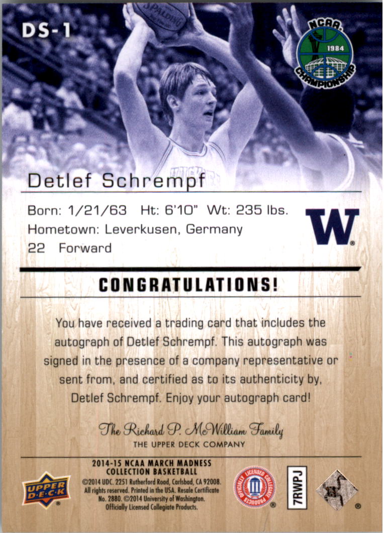 2014-15 Upper Deck March Madness Collection Gold Foil Autographs #DS1 Detlef Schrempf H back image