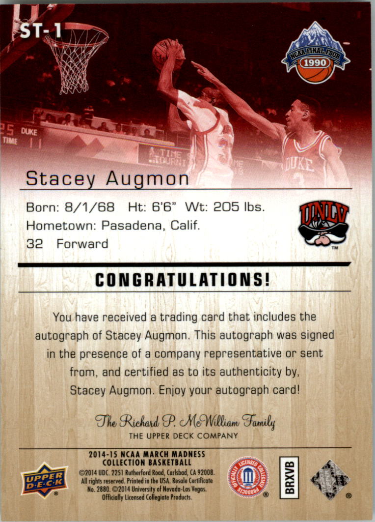 2014-15 Upper Deck March Madness Collection Gold Foil Autographs #ST1 Stacey Augmon H back image