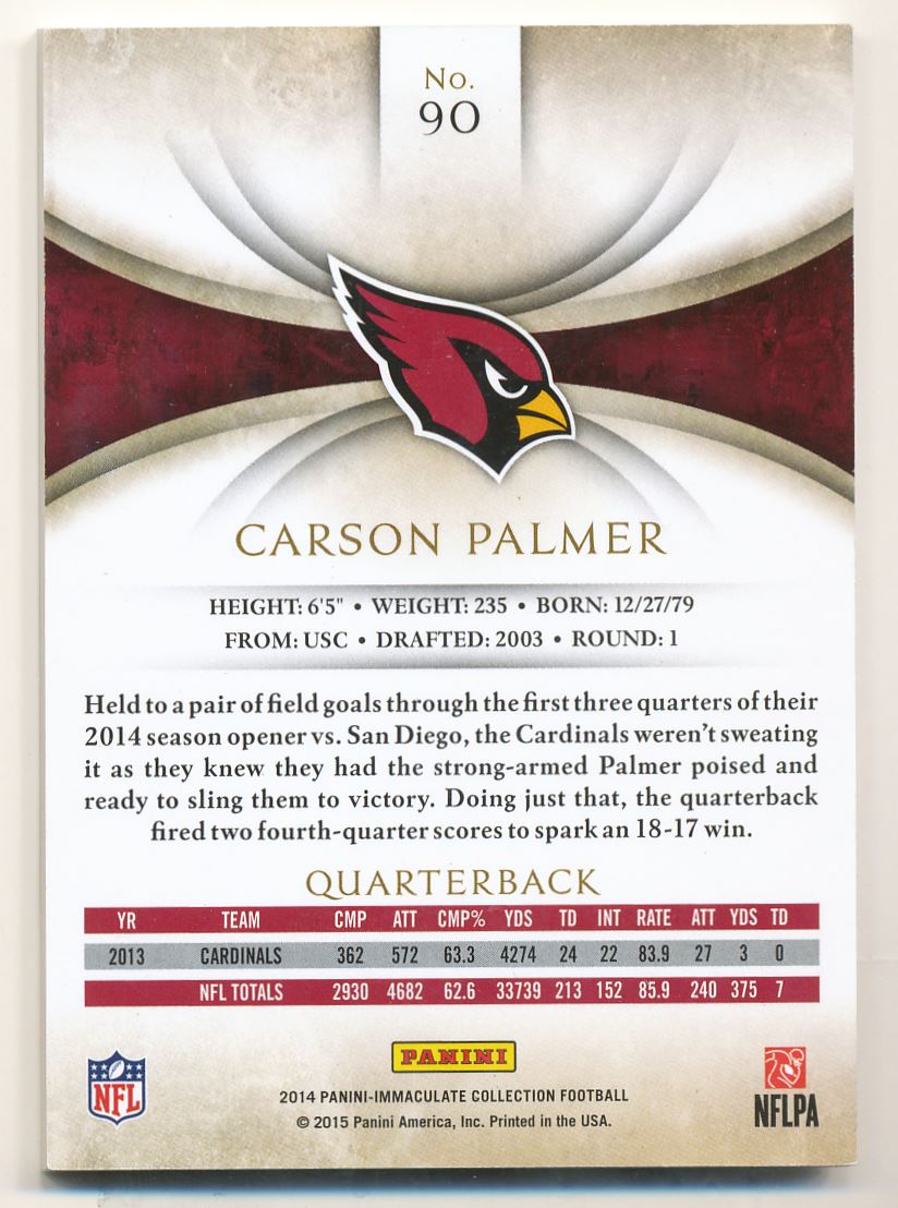 2014 Immaculate Collection Gold #90 Carson Palmer back image