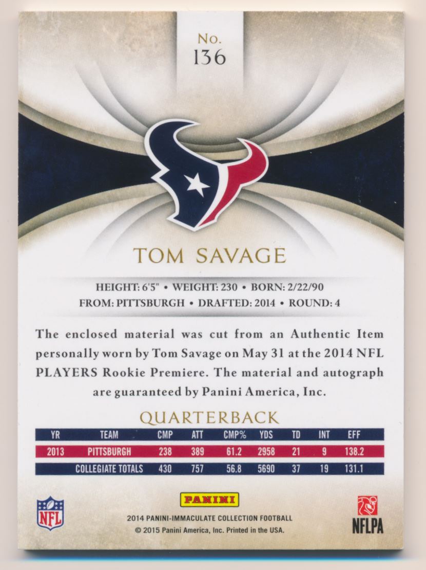 2014 Immaculate Collection Gold #136 Tom Savage JSY AU back image