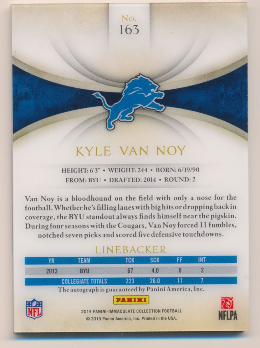 2014 Immaculate Collection Numbers Rookie Autographs #163 Kyle Van Noy/95 back image