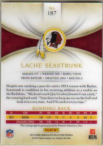 2014 Immaculate Collection Numbers Rookie Autographs #187 Lache Seastrunk/35 back image