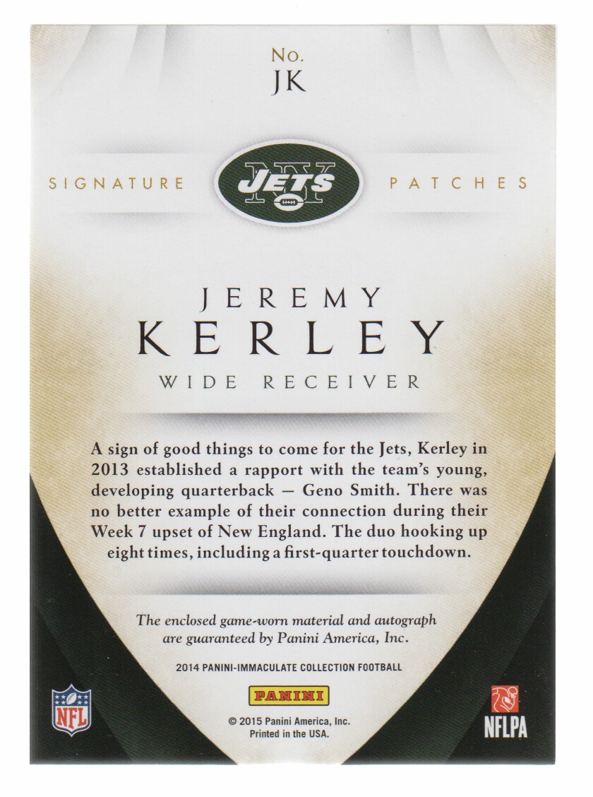 2014 Immaculate Collection Signature Patches Gold #JK Jeremy Kerley/10 back image