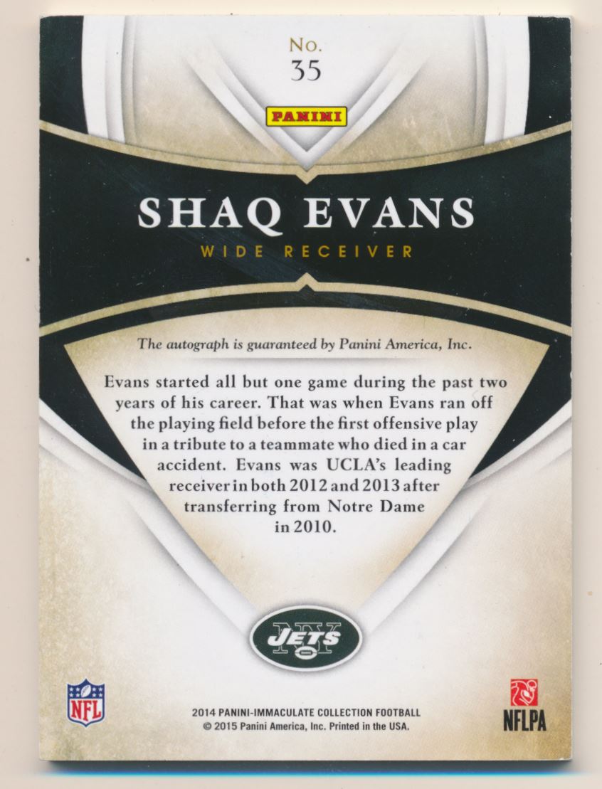 2014 Immaculate Collection Rookie Ink Gold #35 Shaq Evans back image