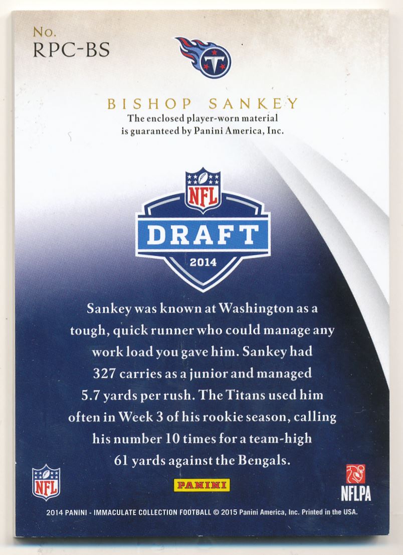 2014 Immaculate Collection Rookie Player Caps #RPCBS Bishop Sankey/49 back image
