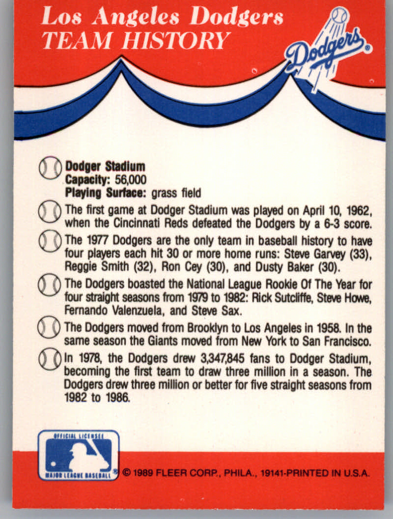 1989 Fleer Baseball "Team Stickers" Insert Cards - Picture 41 of 87