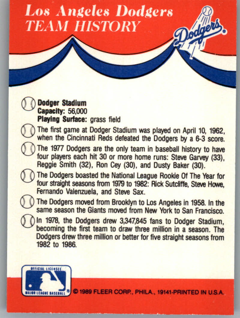 1989 Fleer Baseball "Team Stickers" Insert Cards - Picture 47 of 87