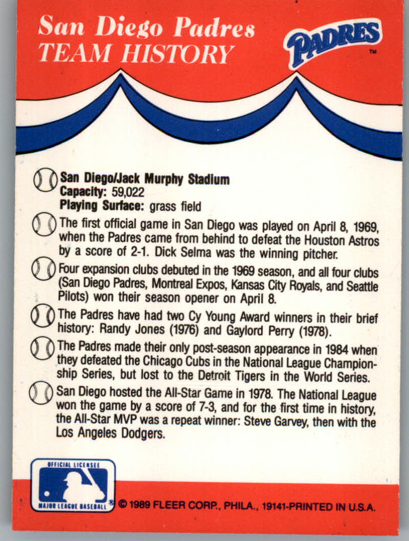 1989 Fleer Baseball "Team Stickers" Insert Cards - Picture 73 of 87