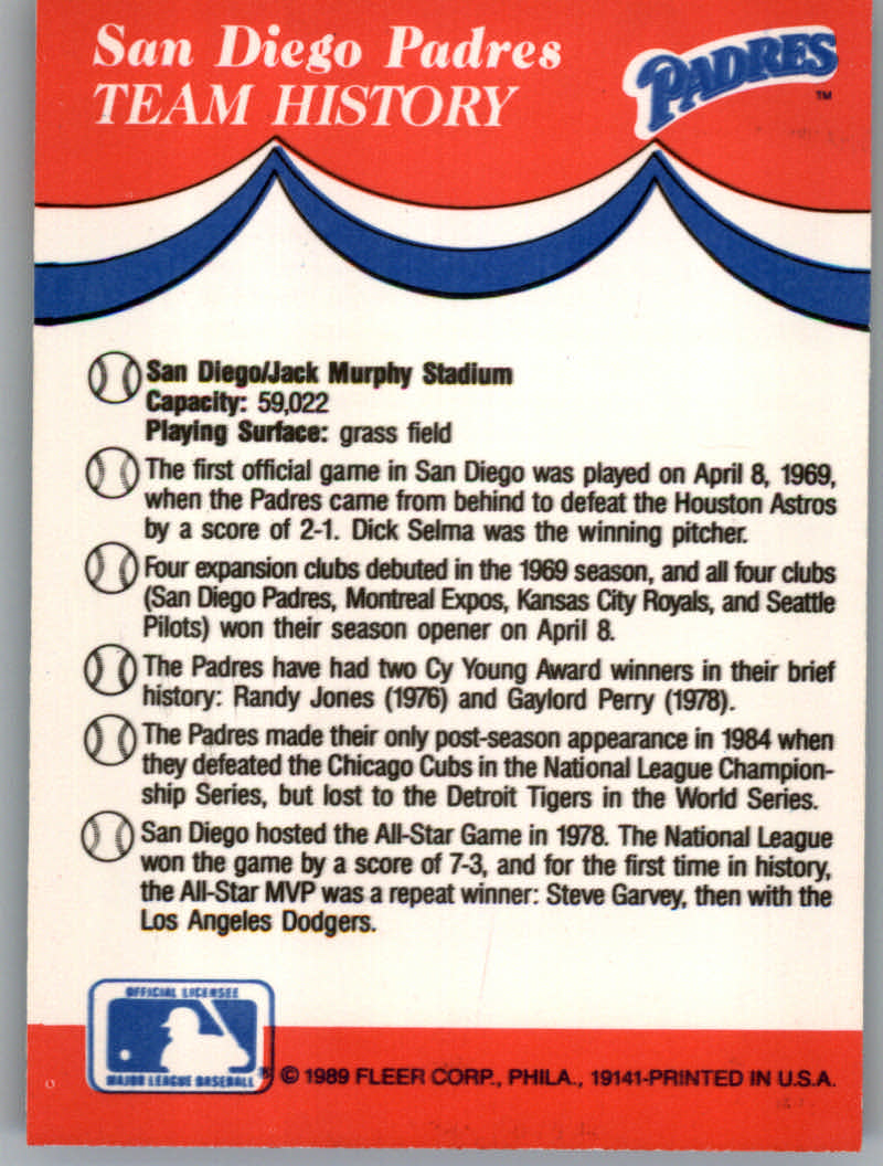 1989 Fleer Baseball "Team Stickers" Insert Cards - Picture 75 of 87