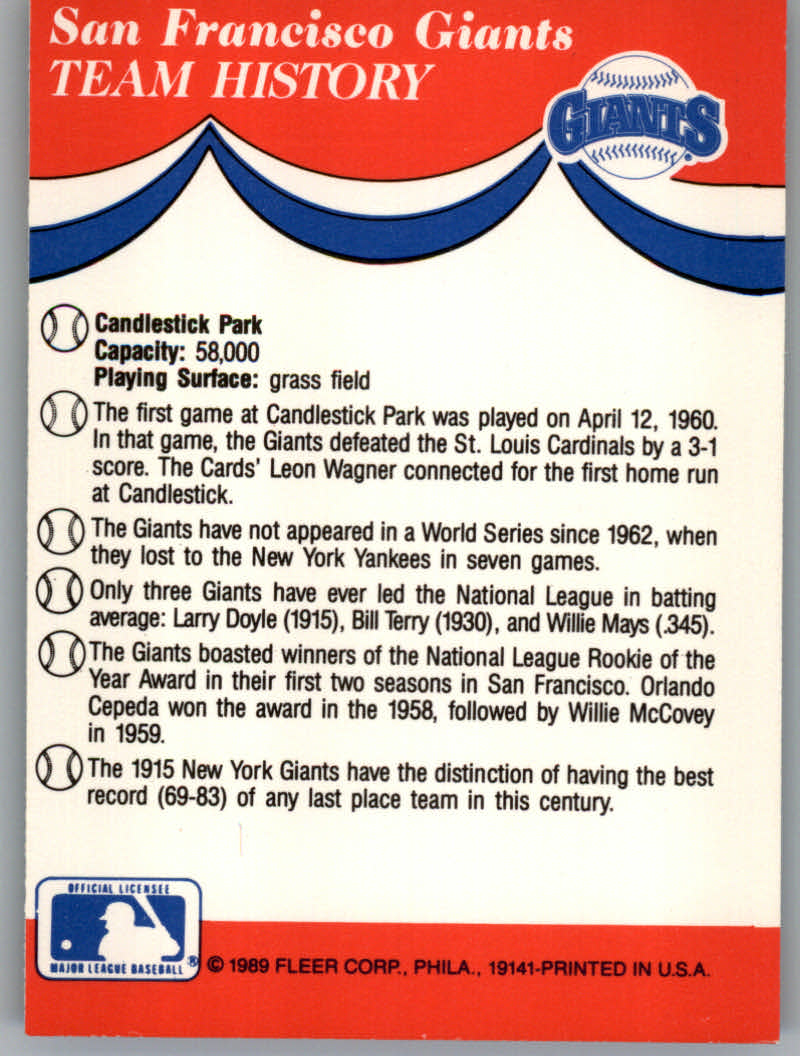 1989 Fleer Baseball "Team Stickers" Insert Cards - Picture 77 of 87