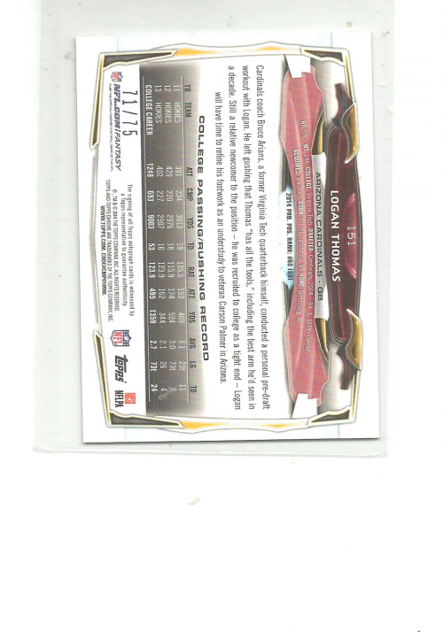 2014 Topps Chrome Mini Rookie Autographs Pink Refractors #151 Logan Thomas back image