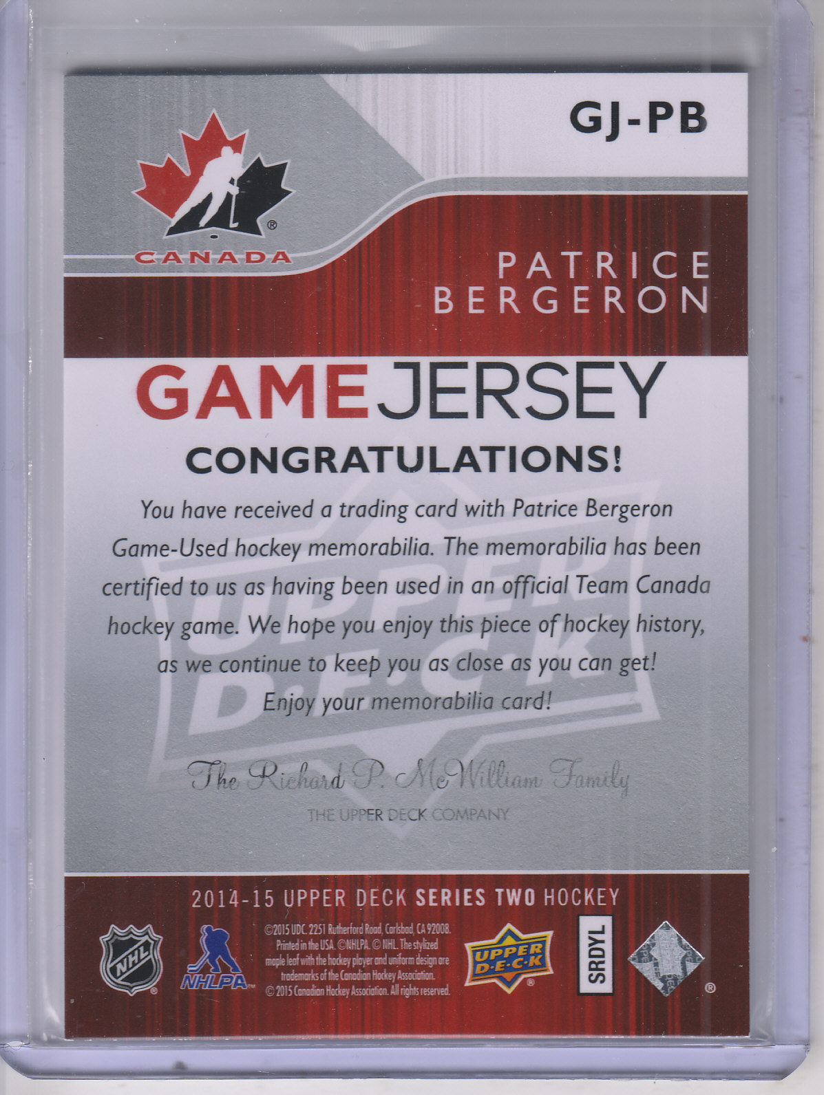 2014-15 Upper Deck Game Jerseys #GJPB Patrice Bergeron TC 2 back image