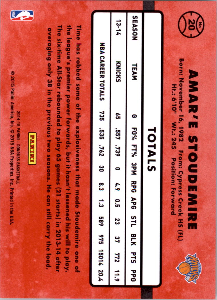2014-15 Donruss Stat Line Season #20 Amar'e Stoudemire/320 back image