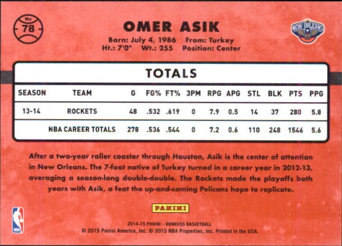 2014-15 Donruss Stat Line Season #78 Omer Asik/378 back image