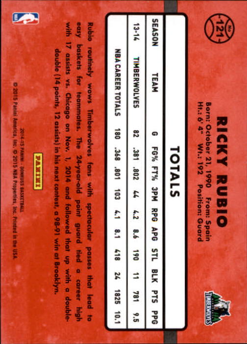 2014-15 Donruss Stat Line Season #121 Ricky Rubio/190 back image