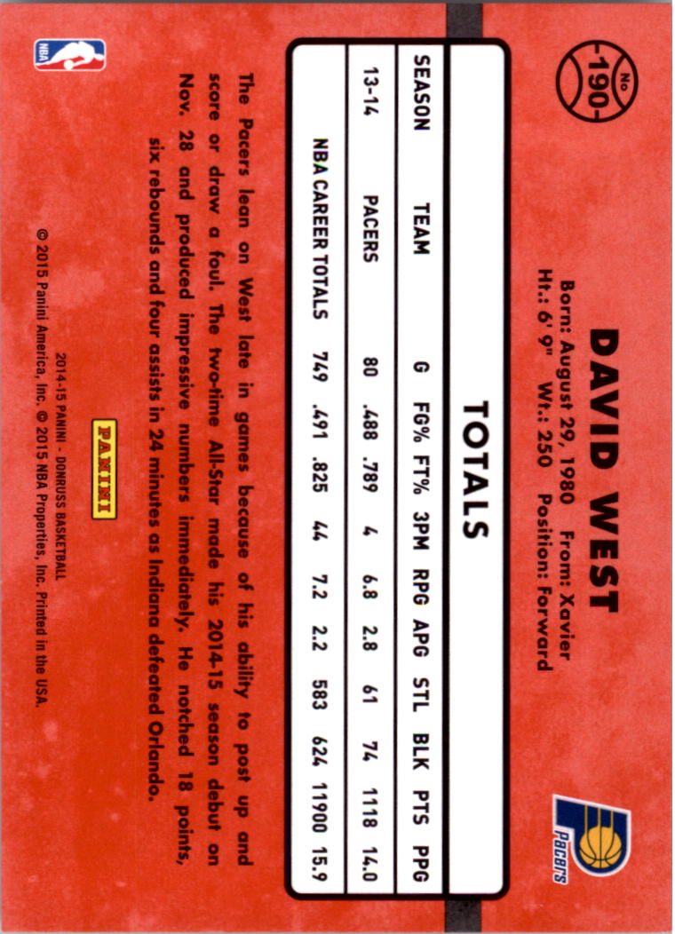 2014-15 Donruss Stat Line Season #190 David West/162 back image