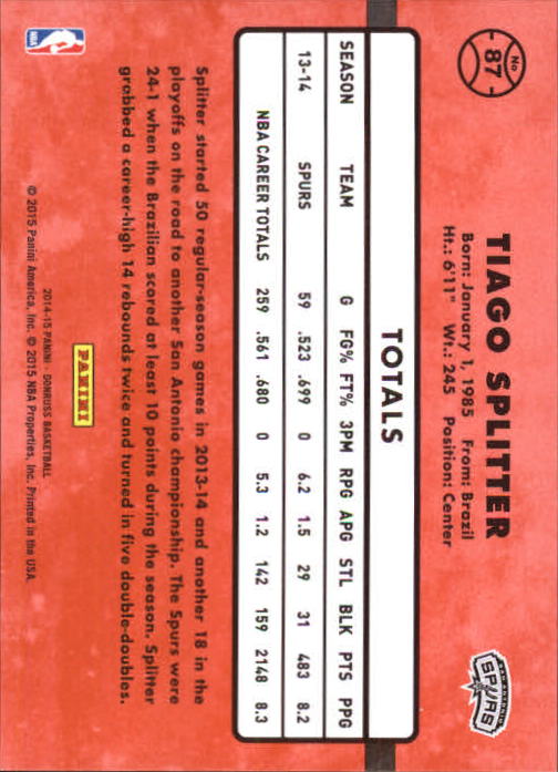 2014-15 Donruss Stat Line Career #87 Tiago Splitter/159 back image