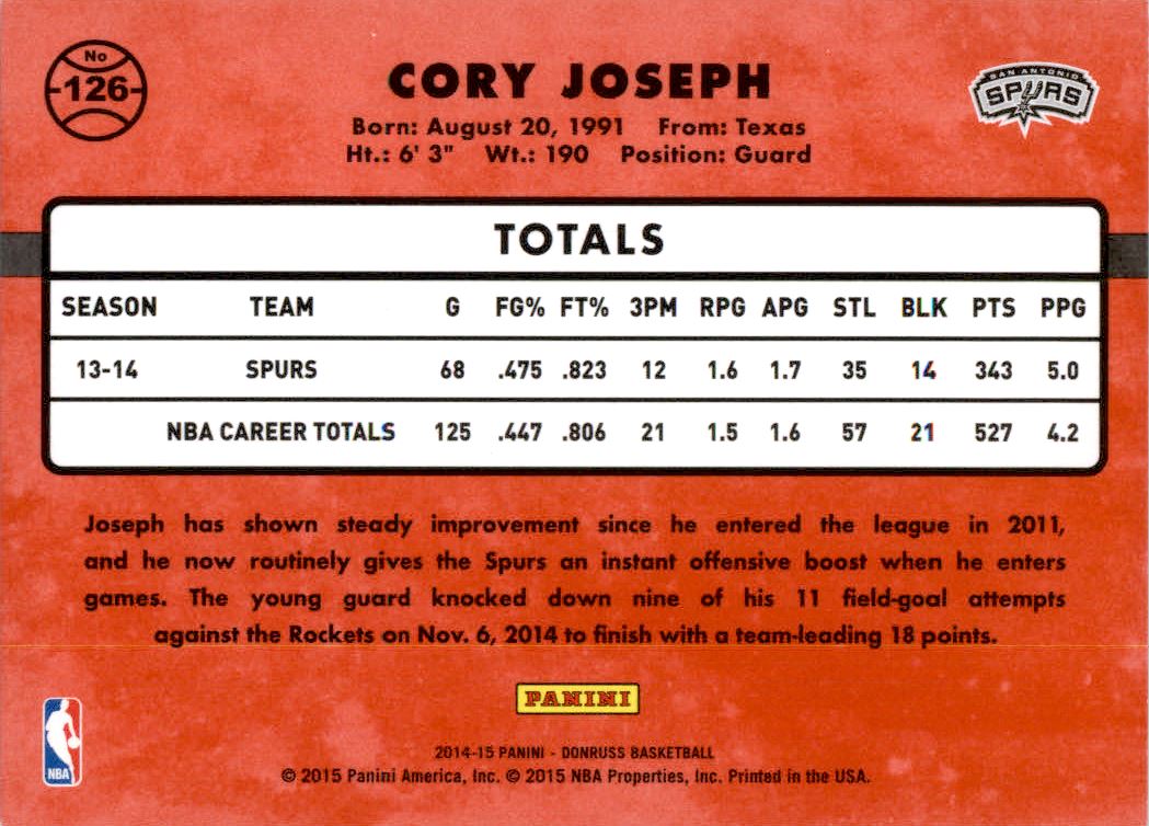 2014-15 Donruss Stat Line Career #126 Cory Joseph/201 back image